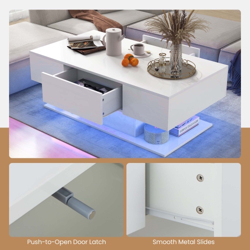 Costway LED Coffee Table with 2 Drawers 20-Color Dimmable LED Lights & Remote Control
