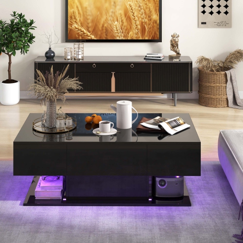 Costway LED Coffee Table with 2 Drawers 20-Color Dimmable LED Lights & Remote Control