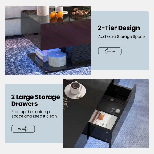 Costway LED Coffee Table with 2 Drawers 20-Color Dimmable LED Lights & Remote Control