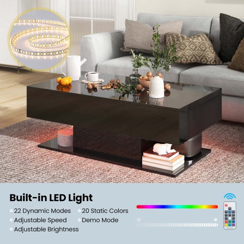 Costway LED Coffee Table with 2 Drawers 20-Color Dimmable LED Lights & Remote Control