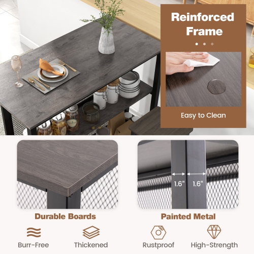 Costway 36" Tall 3-Tier Bar Table with Storage Metal Frame Adjustable Foot Pads