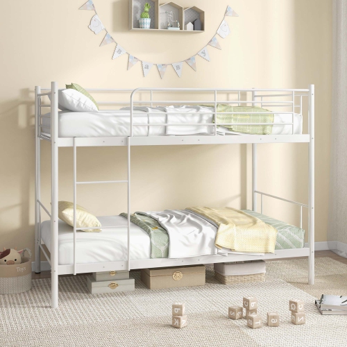 COSTWAY  Metal Twin Over Twin Bunk Bed With Built-In Ladder Safety Guardrail