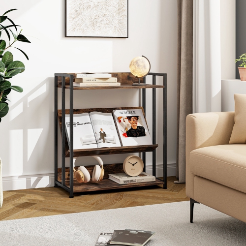 Costway 3-Tier Industrial Metal Frame Corner Bookcase with Adjustable Shelves Rustic Brown