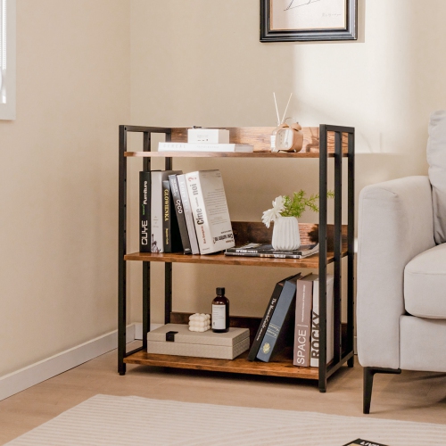 Costway 3-Tier Industrial Metal Frame Corner Bookcase with Adjustable Shelves Rustic Brown