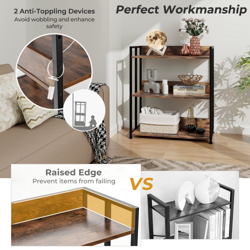 Costway 3-Tier Industrial Metal Frame Corner Bookcase with Adjustable Shelves Rustic Brown