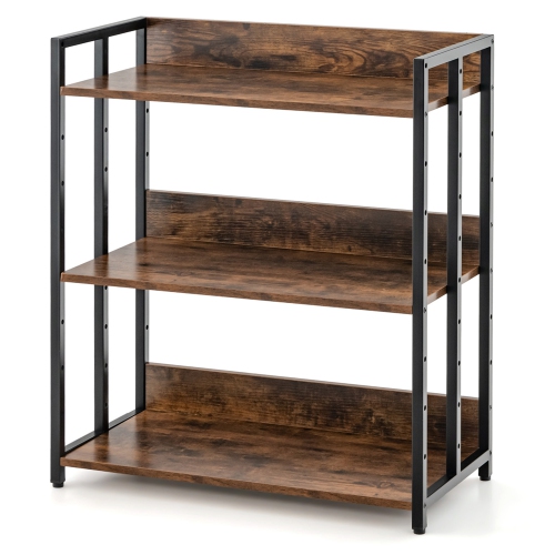 Costway 3-Tier Industrial Metal Frame Corner Bookcase with Adjustable Shelves Rustic Brown