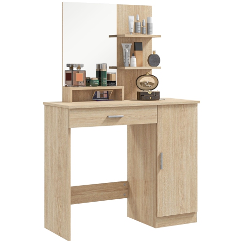 HOMCOM  Vanity Table, Makeup Table With Mirror, Drawer And Storage Shelves for Bedroom (Maple Wood)