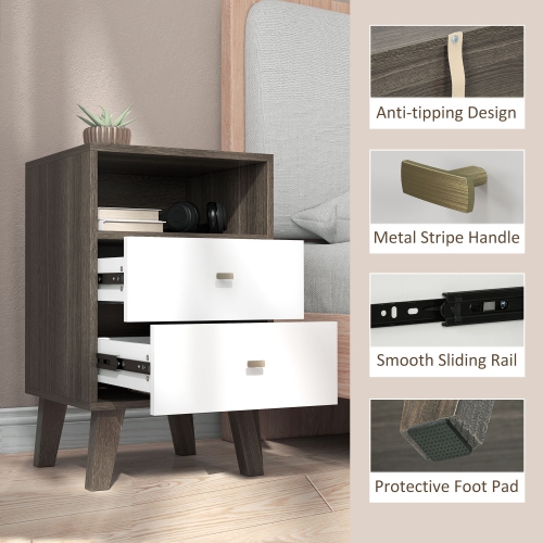 HOMCOM Nightstand Set of 2, Bedside Table with 2 Drawers and Open Storage, Modern End Table for Bedroom, Grey Brown