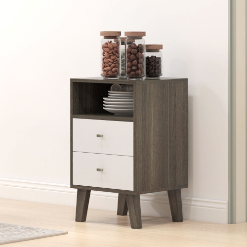 HOMCOM Nightstand Set of 2, Bedside Table with 2 Drawers and Open Storage, Modern End Table for Bedroom, Grey Brown