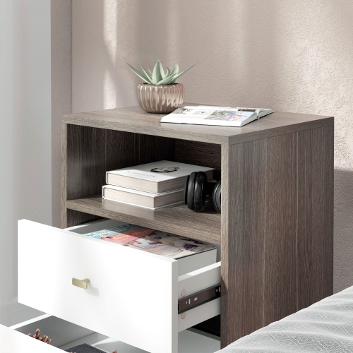 HOMCOM Nightstand Set of 2, Bedside Table with 2 Drawers and Open Storage, Modern End Table for Bedroom, Grey Brown