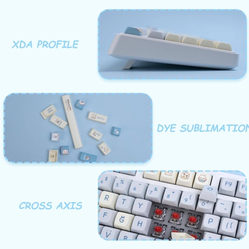 PBT Keycaps 149 Keys Blue Cat, XDA Profile Keycaps Set, Blue White Cartoon Keycaps Dye Sublimation for 64/87/96/98/104/108 ANSI Layout Cherry MX