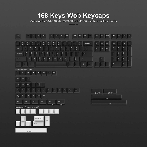 WOB Keycaps 168 Keys, Minimalist Style White on Black Cherry Profile Keyboard Keycaps for Mechanical Keyboard, Double Shot PBT Custom Keycap Set