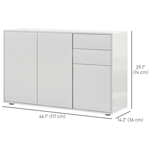 HOMCOM High Gloss Buffet Sideboard with 2 Drawers, 3 Doors and Adjustable Shelf, Kitchen Storage Cabinet with Push Open Design, White