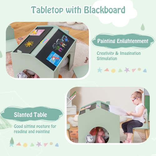 Costway 3 Piece Kids Wooden Table and Chair Set with Blackboard for Drawing Reading