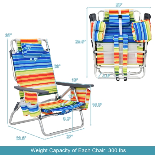 2-Pack Folding Backpack Beach Chair 5-Position Outdoor Reclining Chairs with Pillow