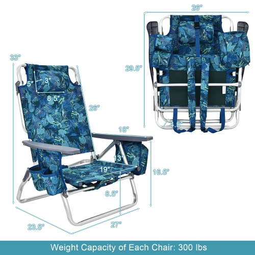 2-Pack Folding Backpack Beach Chair 5-Position Outdoor Reclining Chairs with Pillow