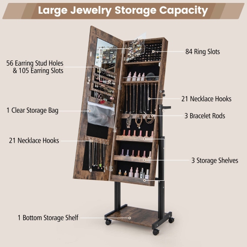 Costway 3-Color 46 LED Lights&nbsp;Mirror Jewelry Cabinet Armoire Adjustable Height with Wheels