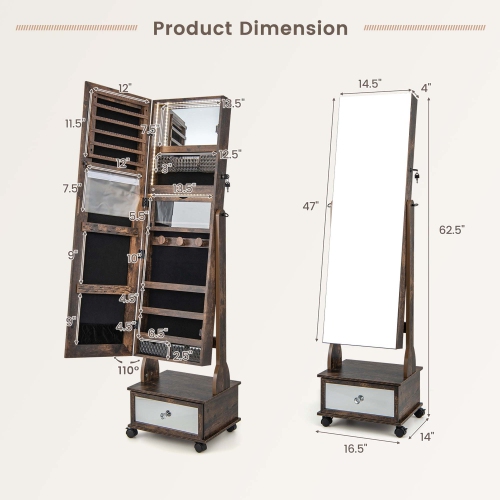 Armoire à bijoux de Costway à miroir pleine longueur verrouillable avec éclairage DEL à 3 couleurs
