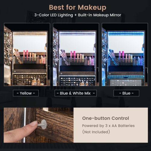 Armoire à bijoux de Costway à miroir pleine longueur verrouillable avec éclairage DEL à 3 couleurs