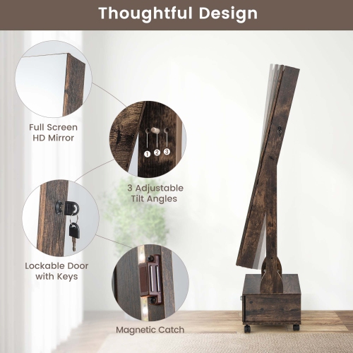 Armoire à bijoux de Costway à miroir pleine longueur verrouillable avec éclairage DEL à 3 couleurs