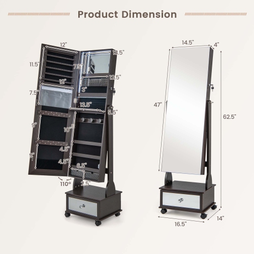 Armoire à bijoux de Costway à miroir pleine longueur verrouillable avec éclairage DEL à 3 couleurs