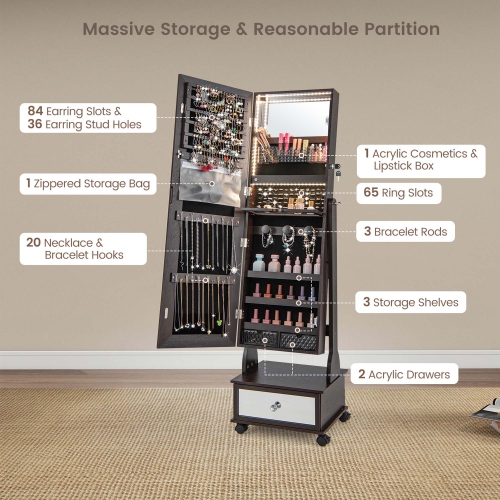 Armoire à bijoux de Costway à miroir pleine longueur verrouillable avec éclairage DEL à 3 couleurs