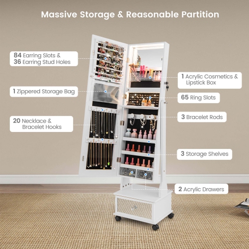 Armoire à bijoux de Costway à miroir pleine longueur verrouillable avec éclairage DEL à 3 couleurs