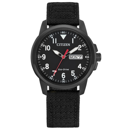 Citizen Mens Garrison Eco-Drive Watch 37mm Black Stainless Steel Case Black Nylon Strap with Black Dial