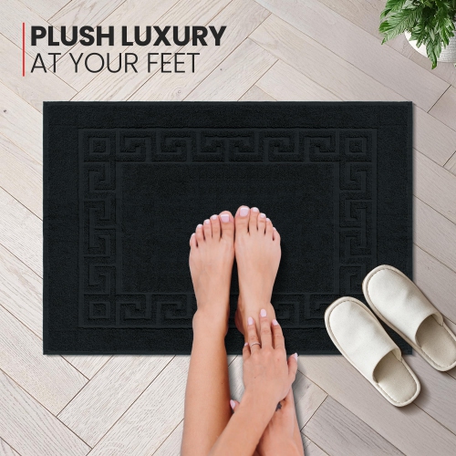 Canadian Linen Everest Bathmats, 2 Pack, 20"x30", Lightweight Plush Bath Mats Absorbent Cotton Spa Quick Dry Washable Tub with Greek Key Design, Black