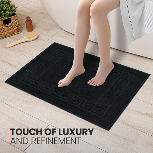 Canadian Linen Everest Bathmats, 2 Pack, 20"x30", Lightweight Plush Bath Mats Absorbent Cotton Spa Quick Dry Washable Tub with Greek Key Design, Black