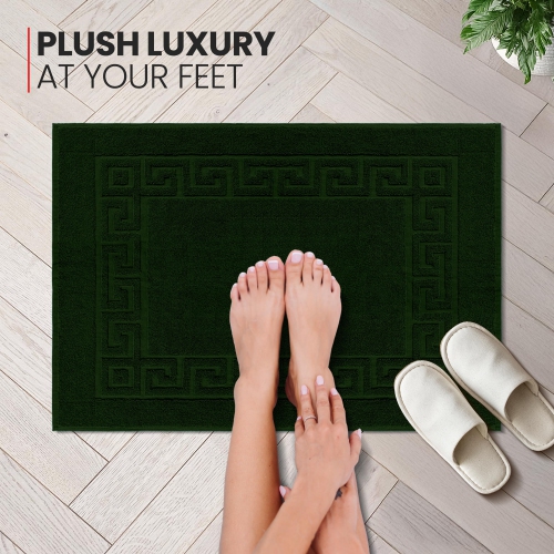 Canadian Linen Everest Bathmats, 2 Pack, 20"x30", Lightweight Soft Absorbent Cotton Quick Dry Washable Shower Mats with Greek Key Design, Hunter Green