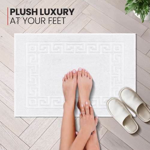 Canadian Linen Everest Bathmats, 2 Pack, 20"x30", Soft Absorbent Cotton Washable Lightweight Quick Dry Bathroom Tub Mats with Greek Key Design, White