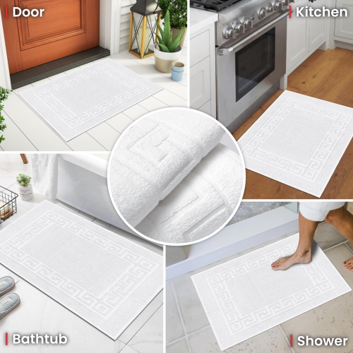 Canadian Linen Everest Bathmats, 2 Pack, 20"x30", Soft Absorbent Cotton Washable Lightweight Quick Dry Bathroom Tub Mats with Greek Key Design, White