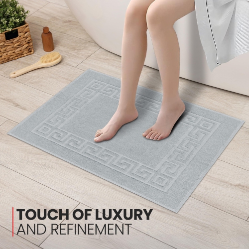 Canadian Linen Everest Bathmats, 2 Pack, 20"x30" Plush Bath Mat Washable Lightweight Quick Dry Soft Absorbent Cotton with Greek Key Design, Light Grey