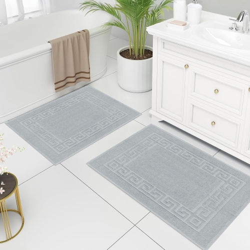 Canadian Linen Everest Bathmats, 2 Pack, 20"x30" Plush Bath Mat Washable Lightweight Quick Dry Soft Absorbent Cotton with Greek Key Design, Light Grey