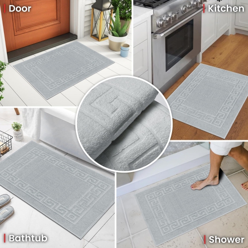 Canadian Linen Everest Bathmats, 2 Pack, 20"x30" Plush Bath Mat Washable Lightweight Quick Dry Soft Absorbent Cotton with Greek Key Design, Light Grey