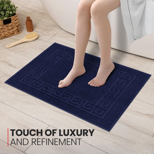 Tapis de bain en tissu Everest de Canadian Linen, paq. 2, 20 x 30 po, coton doux absorbant, léger, séchage rapide, lavable avec motif grec, bleu