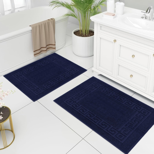 Tapis de bain en tissu Everest de Canadian Linen, paq. 2, 20 x 30 po, coton doux absorbant, léger, séchage rapide, lavable avec motif grec, bleu