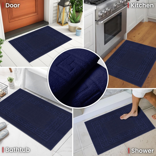 Tapis de bain en tissu Everest de Canadian Linen, paq. 2, 20 x 30 po, coton doux absorbant, léger, séchage rapide, lavable avec motif grec, bleu