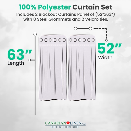 Canadian Linen Triple Weave Blackout Window Curtain, W 52" x L 63", 3 Layer Light Blocking 2 Panel No Noise Washable Polyester Ring Curtains, White