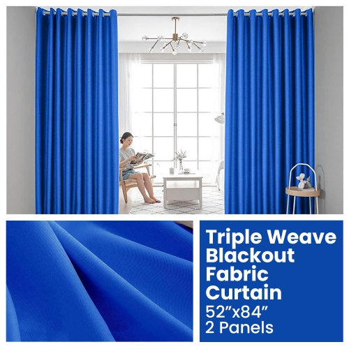 Rideau de fenêtre opaque en lin canadien, triple tissage, 52 2 larg. X 84 long., 3 couches de rideaux à anneaux en polyester sans bruit lavables, bleu