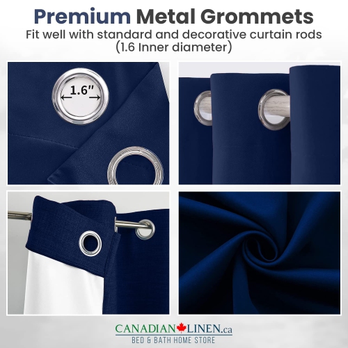 Canadian Linen Triple Weave Blackout Window Curtain W 52" x L 63", 3 Layer Light Blocking 2 Panel No Noise Washable Polyester Ring Curtains, Navy Blue