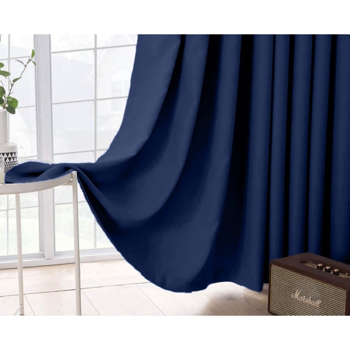 Canadian Linen Triple Weave Blackout Window Curtain W 52" x L 63", 3 Layer Light Blocking 2 Panel No Noise Washable Polyester Ring Curtains, Navy Blue