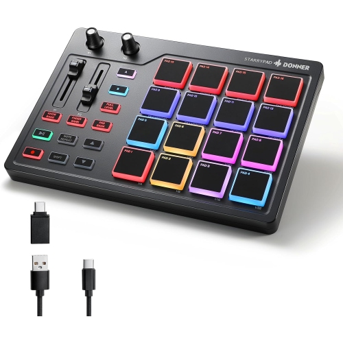 Boîte ouverte - contrôleur MIDI Donner Beat Pad avec 16 Beat Pads, 2 Fader assignable et boutons USB MIDI Pad de contrôle