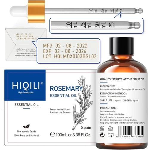 Huile essentielle de romarin 100ML - 100% Pure Natural avec pipette en verre de qualité supérieure pour diffuseur et humidificateur
