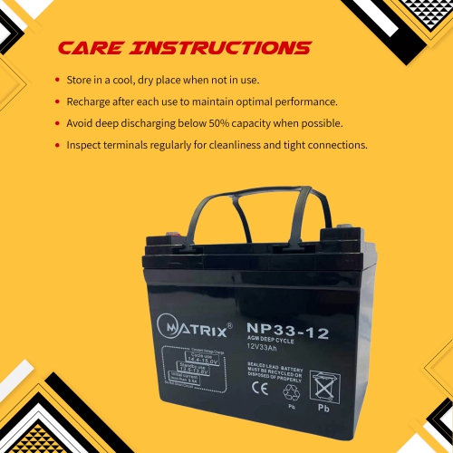 33AH AGM Deep Cycle Battery, Reliable 12V Battery for Motorcycles, Bikes, and More