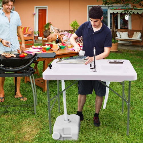Table de nettoyage pliante pour poissons de Costway avec 2 éviers intégrés et robinet pivotant à 360°