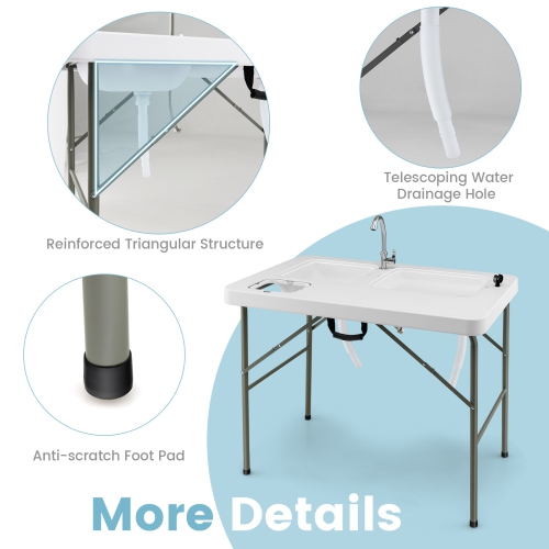 Table de nettoyage pliante pour poissons de Costway avec 2 éviers intégrés et robinet pivotant à 360°