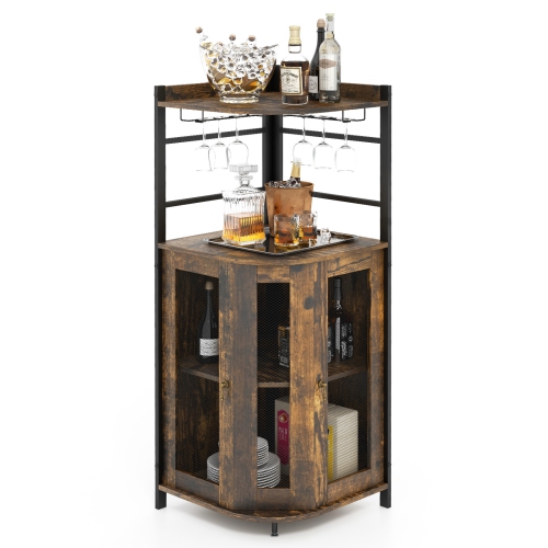 COSTWAY  Corner Bar Cabinet Industrial Liquor Wine Cabinet With Glass Holder & Mesh Doors