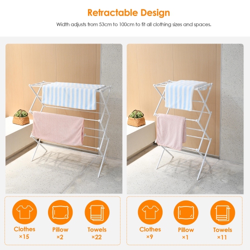 Extendable Clothes Drying Rack, Laundry Drying Rack with Width Adjustable 53cm to 100cm for Storage Indoor Outdoor, White